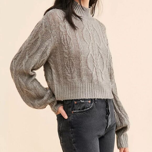 Free People Vigoss Mock Neck Cable Knit Cropped Sweater Size XL Grey NWT - Picture 1 of 10